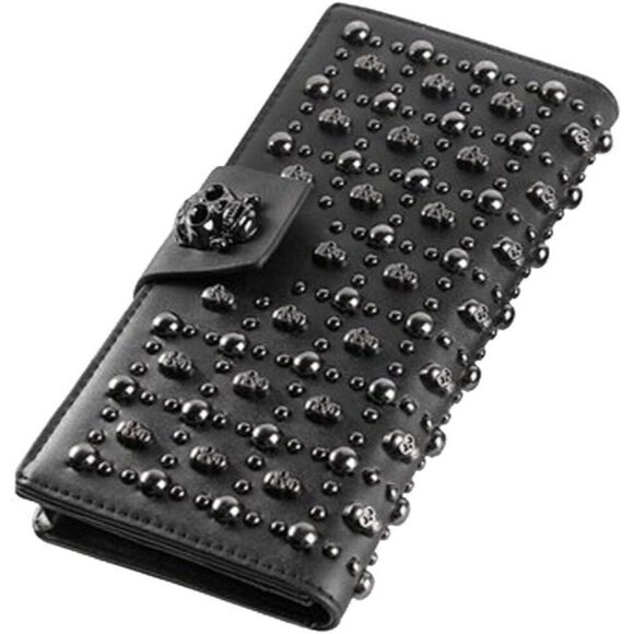 ✨ Shinywear Leather Card Holder Women Black Long Skull Studded Genuine Wallet - Picture 1 of 5